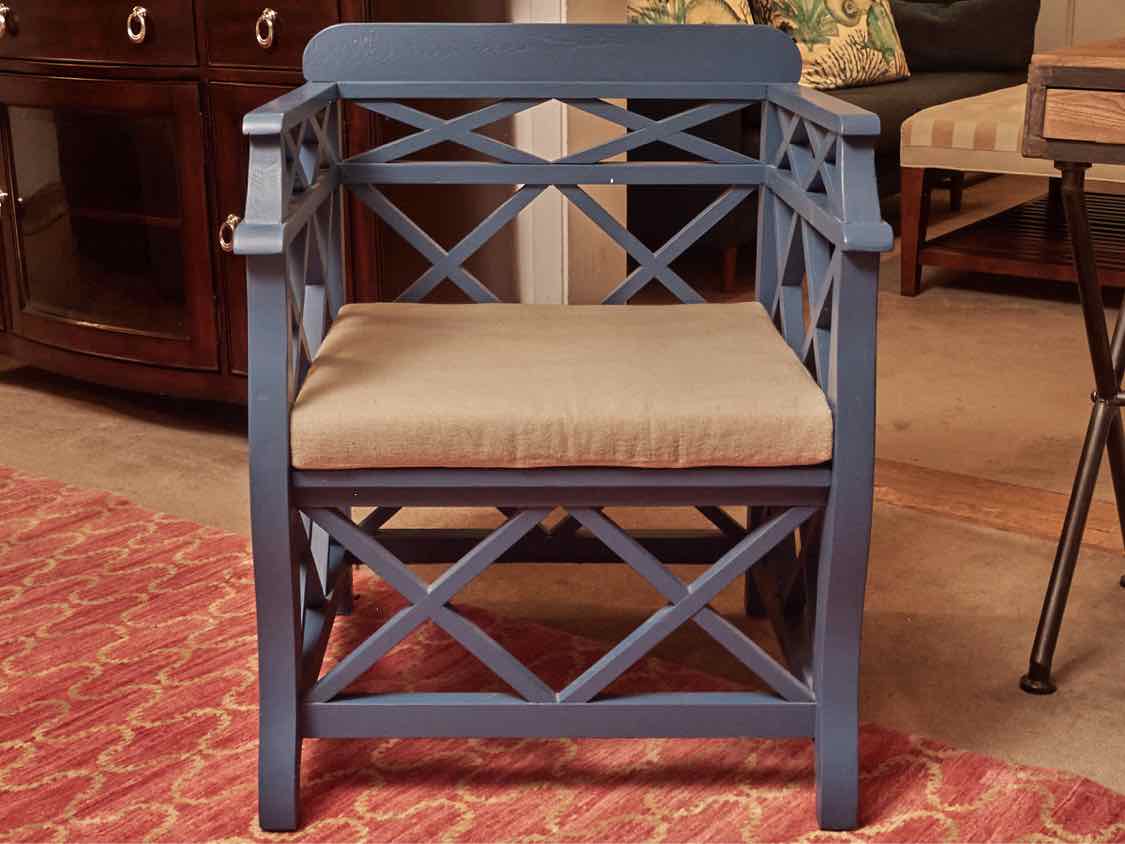 Pair Of Blue Finish Lattice Cushion Accent Chairs