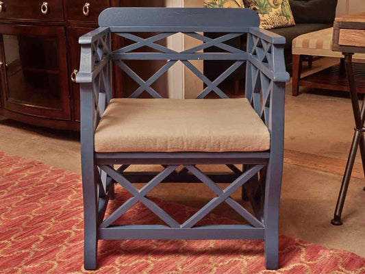 Pair Of Blue Finish Lattice Cushion Accent Chairs