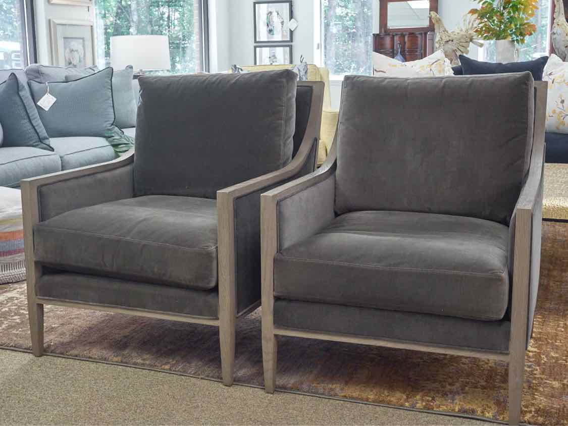 Pair of Restoration Hardware French Contemporary Luxe Track Arm Chairs
