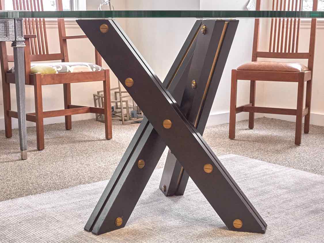Glass Top 28" Round Dining Table with Black Cross Pedestal with Gold Accent