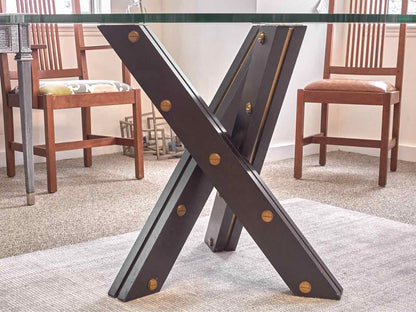 Glass Top 28" Round Dining Table with Black Cross Pedestal with Gold Accent