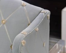 Michael Thomas Tall Wingback Settee in Pale Blue Embroidered Chenille