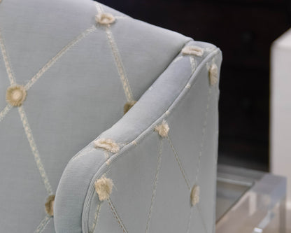 Michael Thomas Tall Wingback Settee in Pale Blue Embroidered Chenille