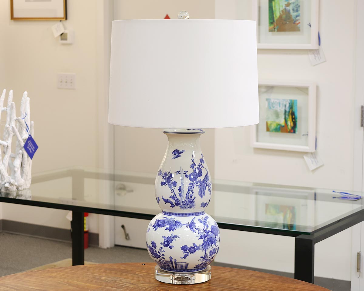 Blue & White Floral Table Lamp with Bone Drum Shade