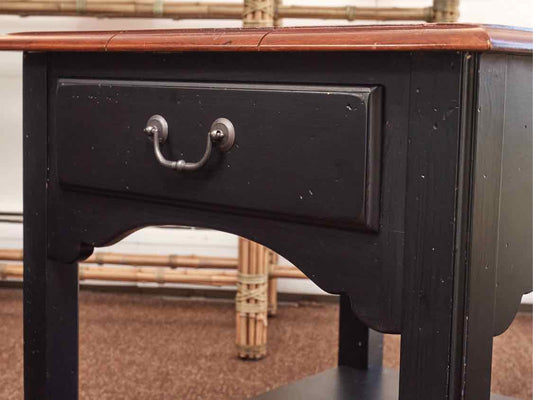 Ethan Allen Black Finish & Cherry Planktop Side Table with 1 Drawer