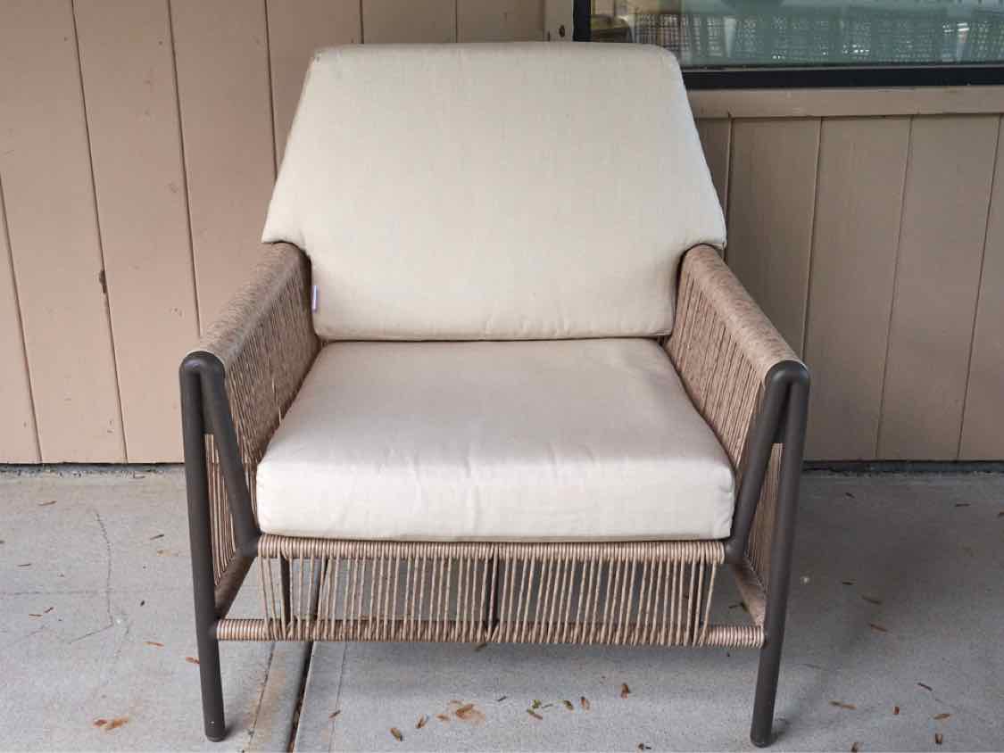 Pair of Tan Weave Arm Chairs & Matching Round Side Table