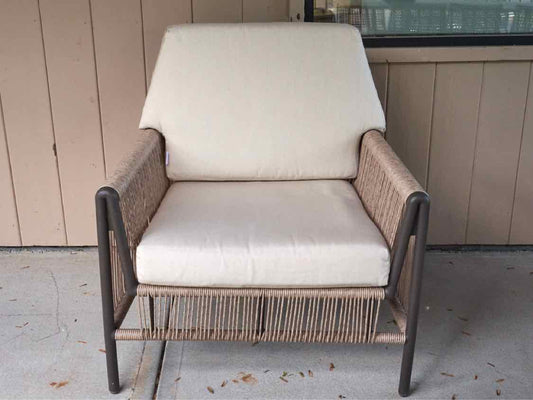 Pair of Tan Weave Arm Chairs & Matching Round Side Table