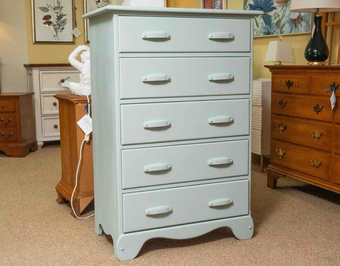 French & Heald Solid Maple 5 Drawer Chest in Ice Blue Finish
