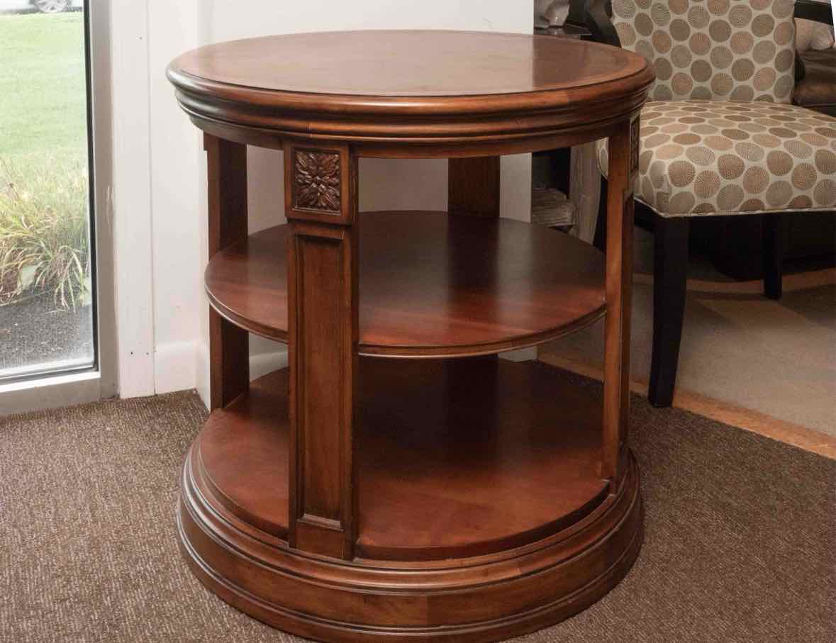 Ethan Allen Round Inlaid 2 Shelf Side Table
