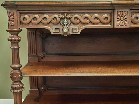 Carved Walnut Open Server with Drawers, Pewter Pulls and Two Shelves