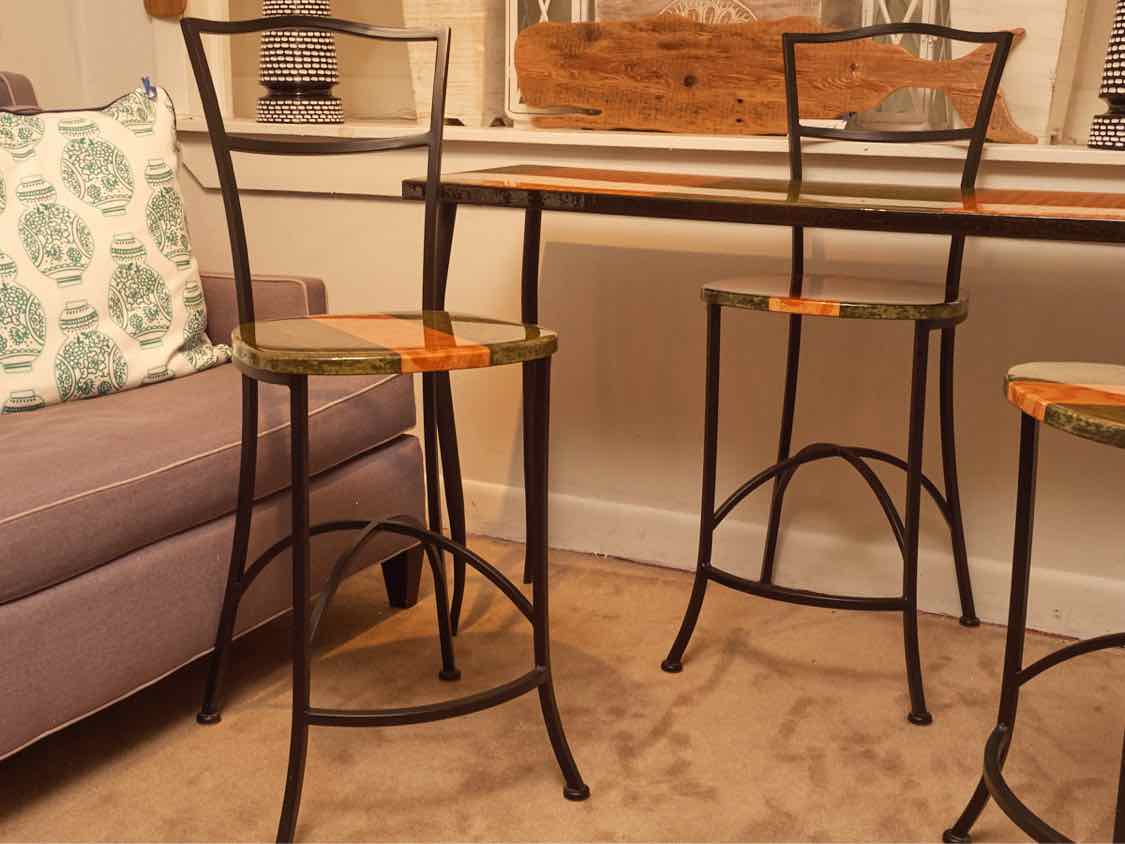 Lacquer Top  Console By Lara Moore  ,  Mirror, (3) Counter  Stools Metal Legs