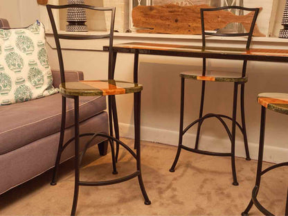 Lacquer Top  Console By Lara Moore  ,  Mirror, (3) Counter  Stools Metal Legs