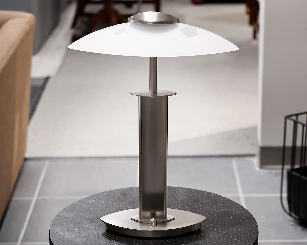 Table Lamp w/ Satin Nickel Finish and White Glass Shade