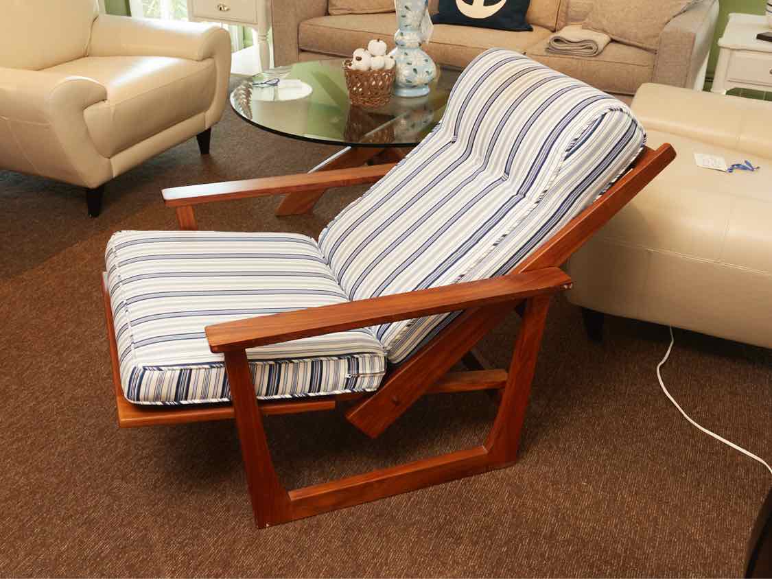 Teak Reclining Chair Blue & Stripe Fabric Includes Tray Ottoman