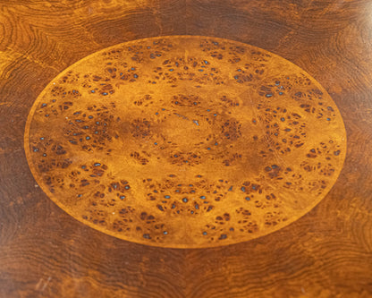Burled Walnut  Round Dining Table On A Birdcage Base W/ 4 Permitter Leaves
