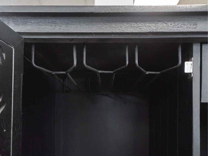 Black Bar Carved 2 Door Wine Cabinet w/ Glass Rack
