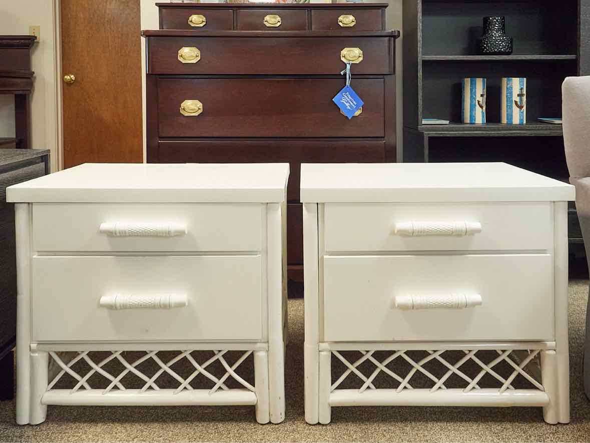 Pair of White Finish Bamboo 2 Drawer Side Tables