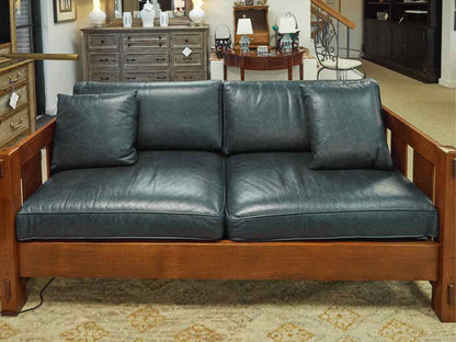 Stickley Mission Oak Settle Blue Leather 2 Cushion Sofa Sofa with 2 Toss Pillows