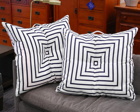Pair of Serena & Lily Sunbrella Oceanview Floor Pillows in Navy Blue & White