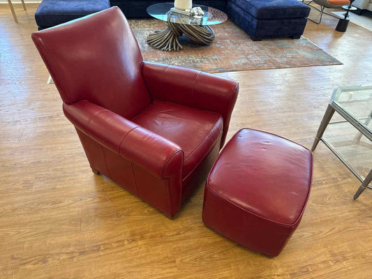 Ethan Allen Crimson Leather Arm Chair & Ottoman