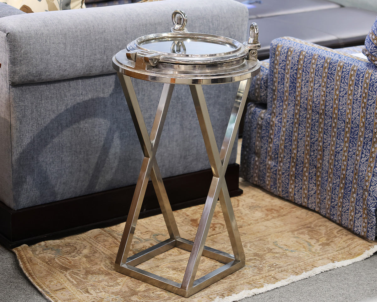 Ship Hatch Chrome Metal Side Table with Glass Top
