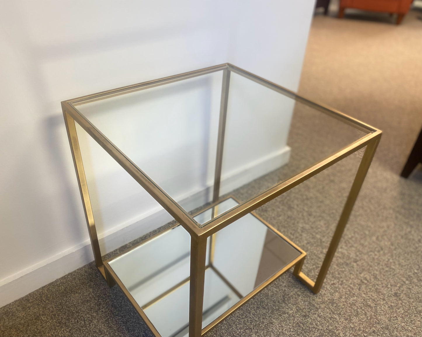 Antique Gold Side Table W/ Glass Top & Mirrored Shelf