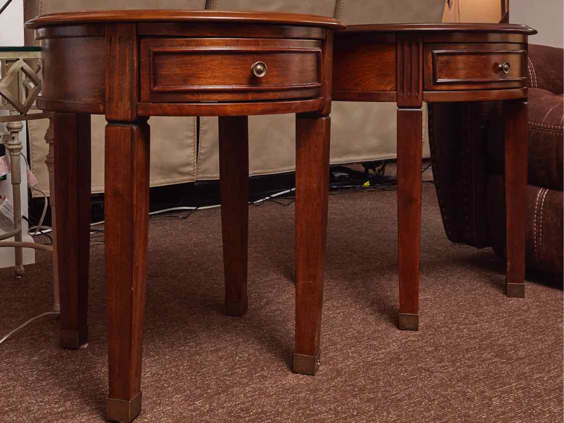 Pair of Mahogany Round with 1 Drawer Side Table with Brass Cap feet
