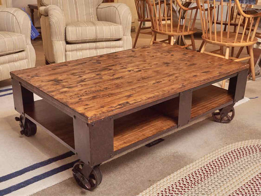 Industrial Rustic Wooden Top Metal Base With Wheels Cocktail Table