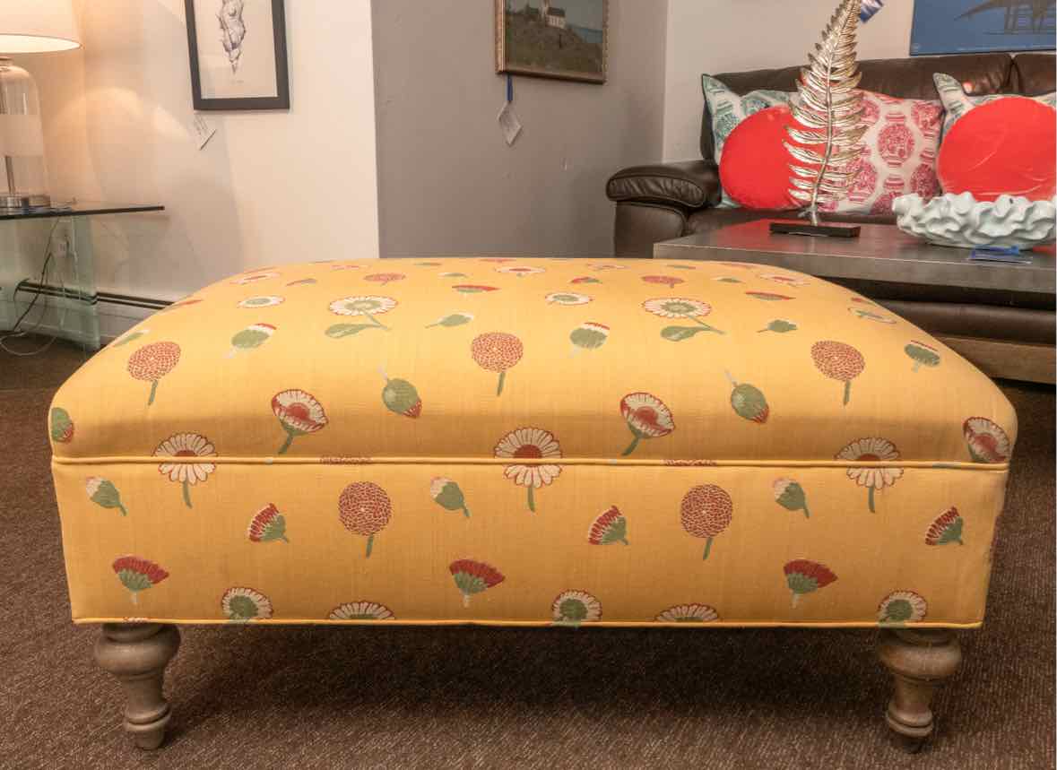 Yellow Upholstered With Retro Floral Pattern Turned Wooden Legs Ottoman