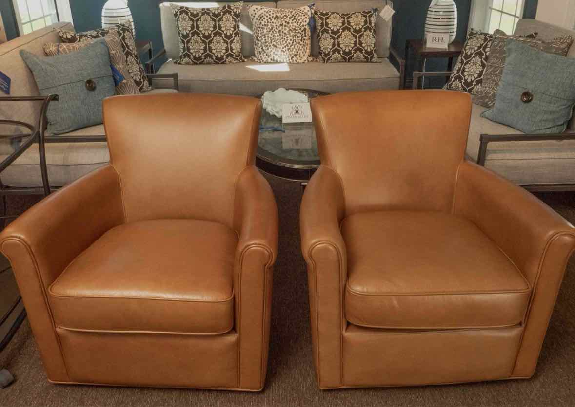 Pair Of Pottery Barn 'Ivring' Rolled Arm Caramel  Leather Swivel Chairs
