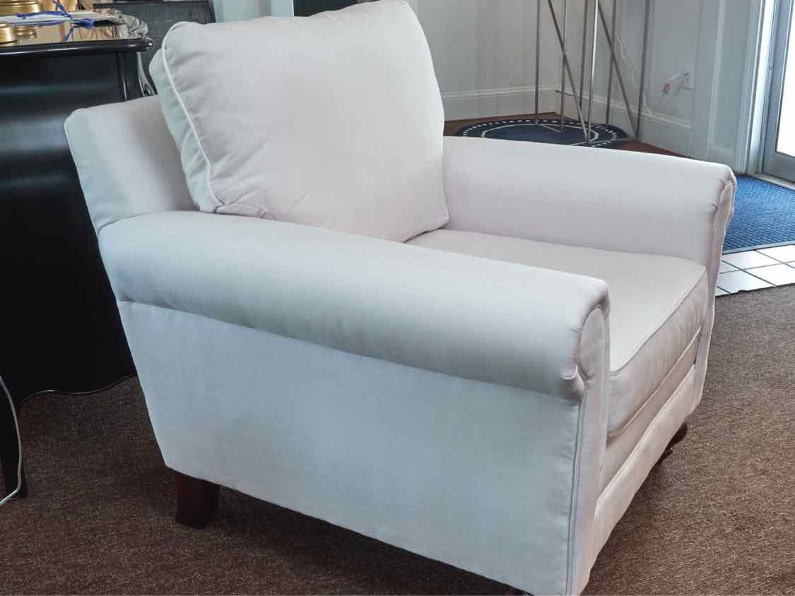 Pair Of White Sunbrella Upholstered Rolled Arm Chairs & Ottoman