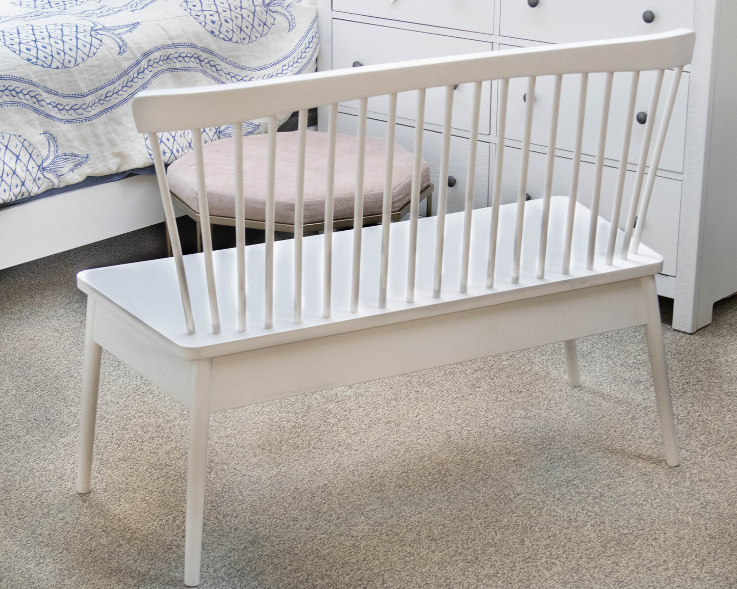 Land of Nod Modern White Armless Windsor Bench with Storage Drawers