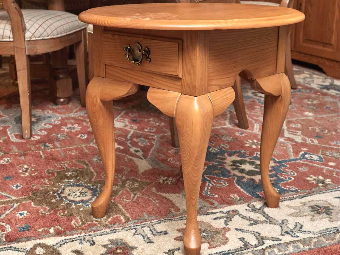 Pair Of Leister Queen Anne Style Oak Oval  1 Drawer Side Tables