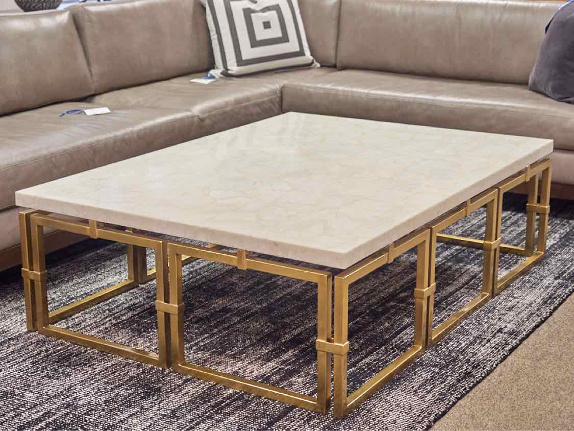 Aerin White Stone Cocktail Table with Brass Base