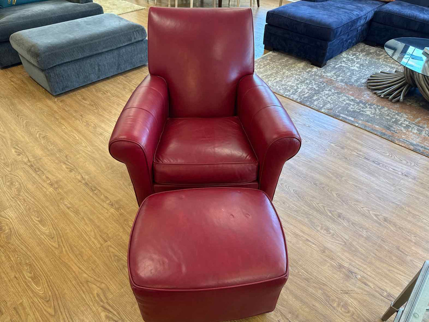 Ethan Allen Crimson Leather Arm Chair & Ottoman