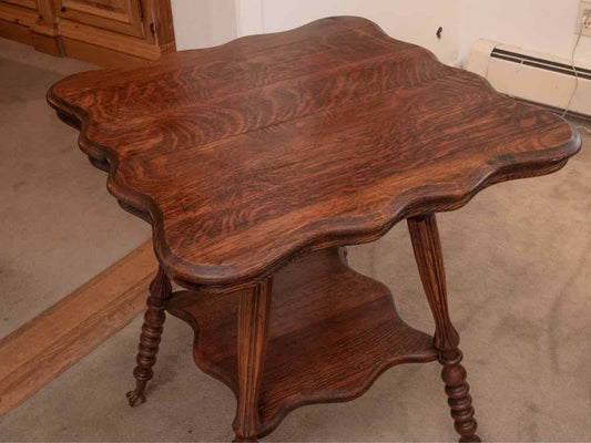 Oak Side Table with Spool Legs & Claw Feet with Glass Ball