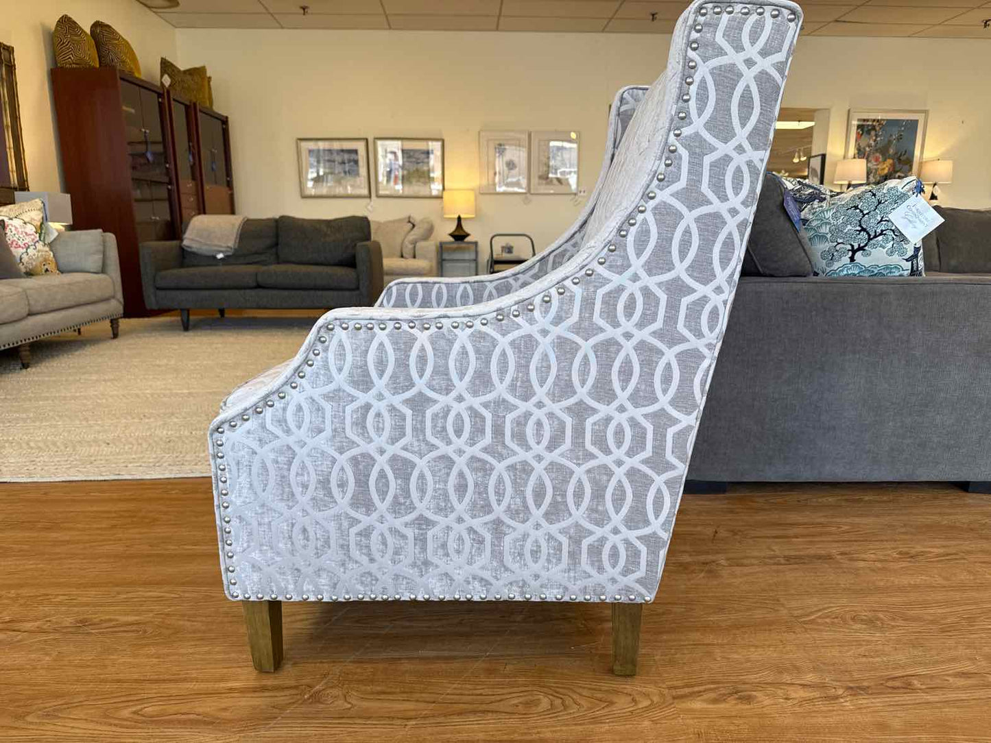 Jofran Pair of 'Quinn' Wing Chairs in Geometric Silver Fabric