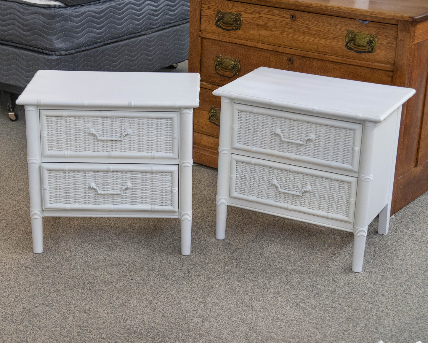 Pair Of Faux Bamboo White Nightstands Featuring 2 Drawers In Wrapped Rattan