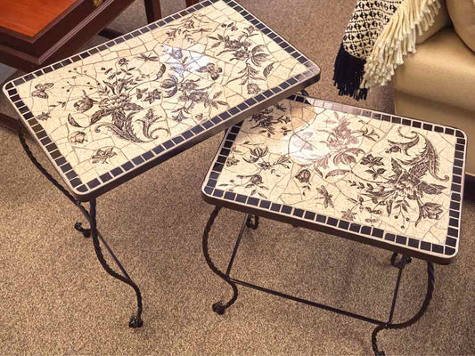 Black & Cream Floral   Faux Wrought Iron Nesting  Side Tables