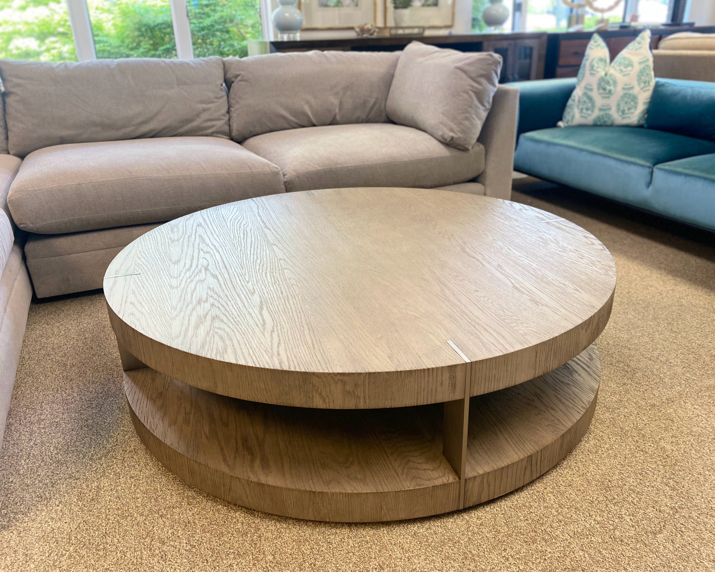RH Verrazano Round Cocktail Table in Drifted Grey Oak Finish