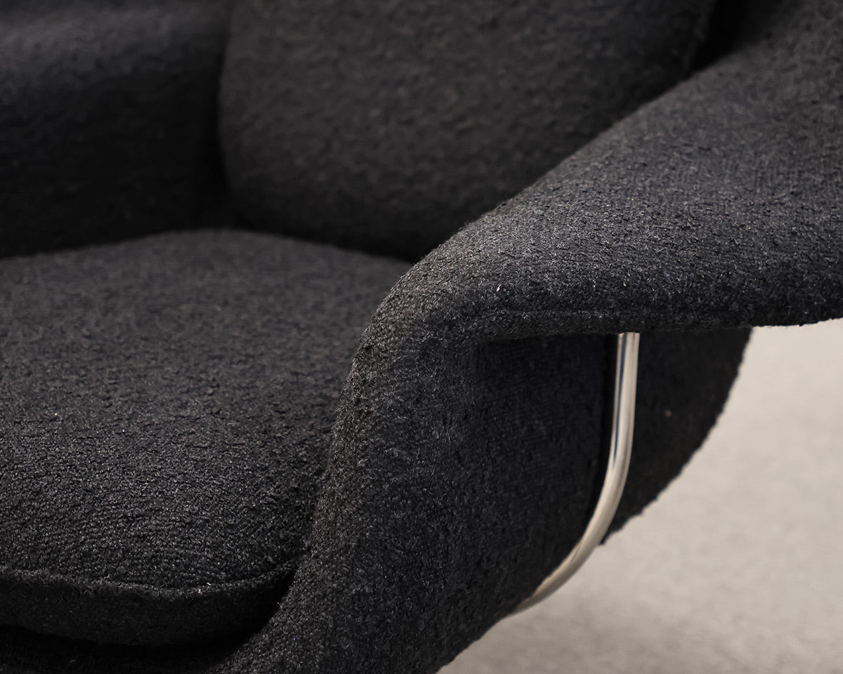 Rove Concepts "Womb Chair"/Ottoman in Black Terry Cloth Fabric. Chrome Hardware