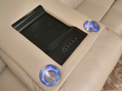 Motomotion Home Theater Ivory Leather Drop Down Console Power Recliner Sofa