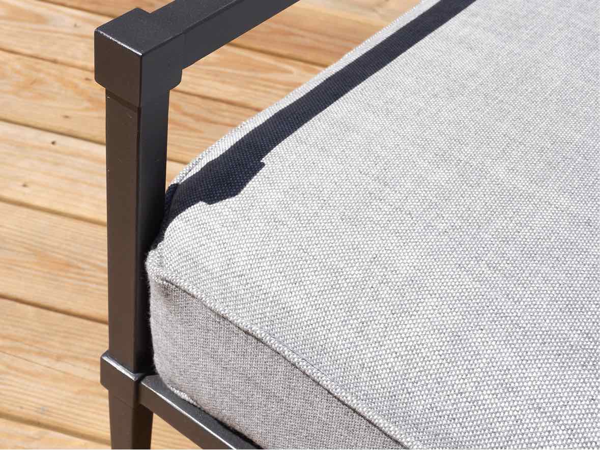 RH Gun Metal Gray Outdoor Lovesofa with Dove Grey Upholstered Cushions