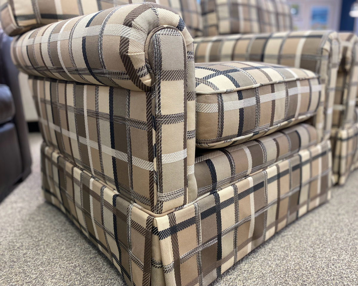 Pair of Kravet Brown, Beige & Black Plaid Skirted Club Chairs