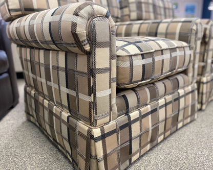 Pair of Kravet Brown, Beige & Black Plaid Skirted Club Chairs