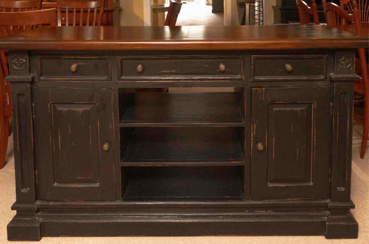 Distressed Black Finish 3 Drawer 2 Door Open 3 Shelf  Sideboard