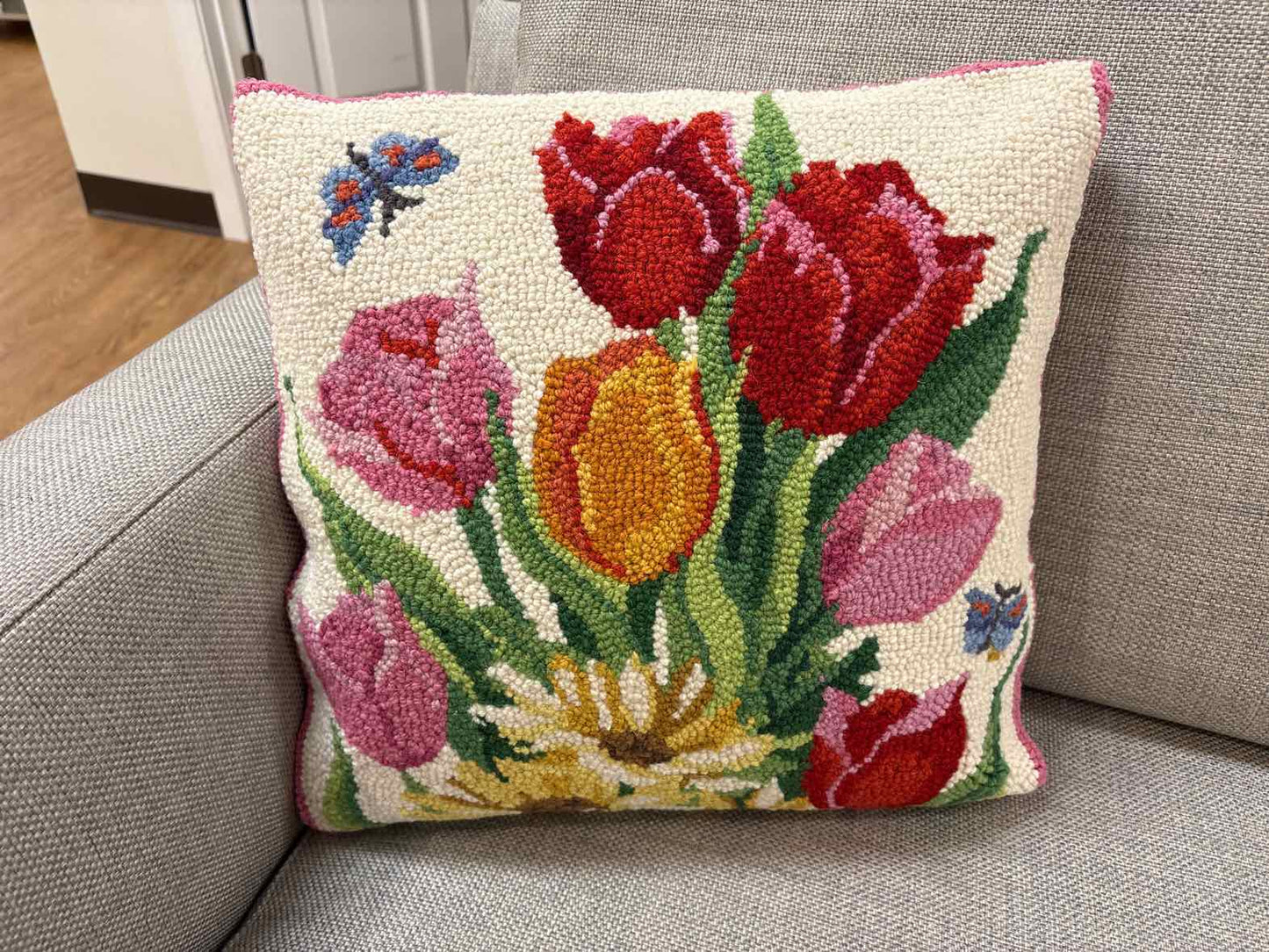 Springtime Tulips Hooked Wool Pillow