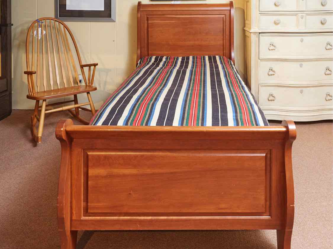 Cherry Sleigh Twin Bed Includes SR/Slats/ Bunkie Board / New  Firm Mattress