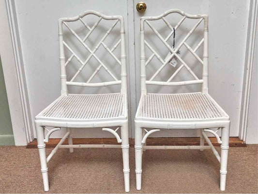 Pair of Bamboo & Cain Seat Arctic White Finish Dining Chairs