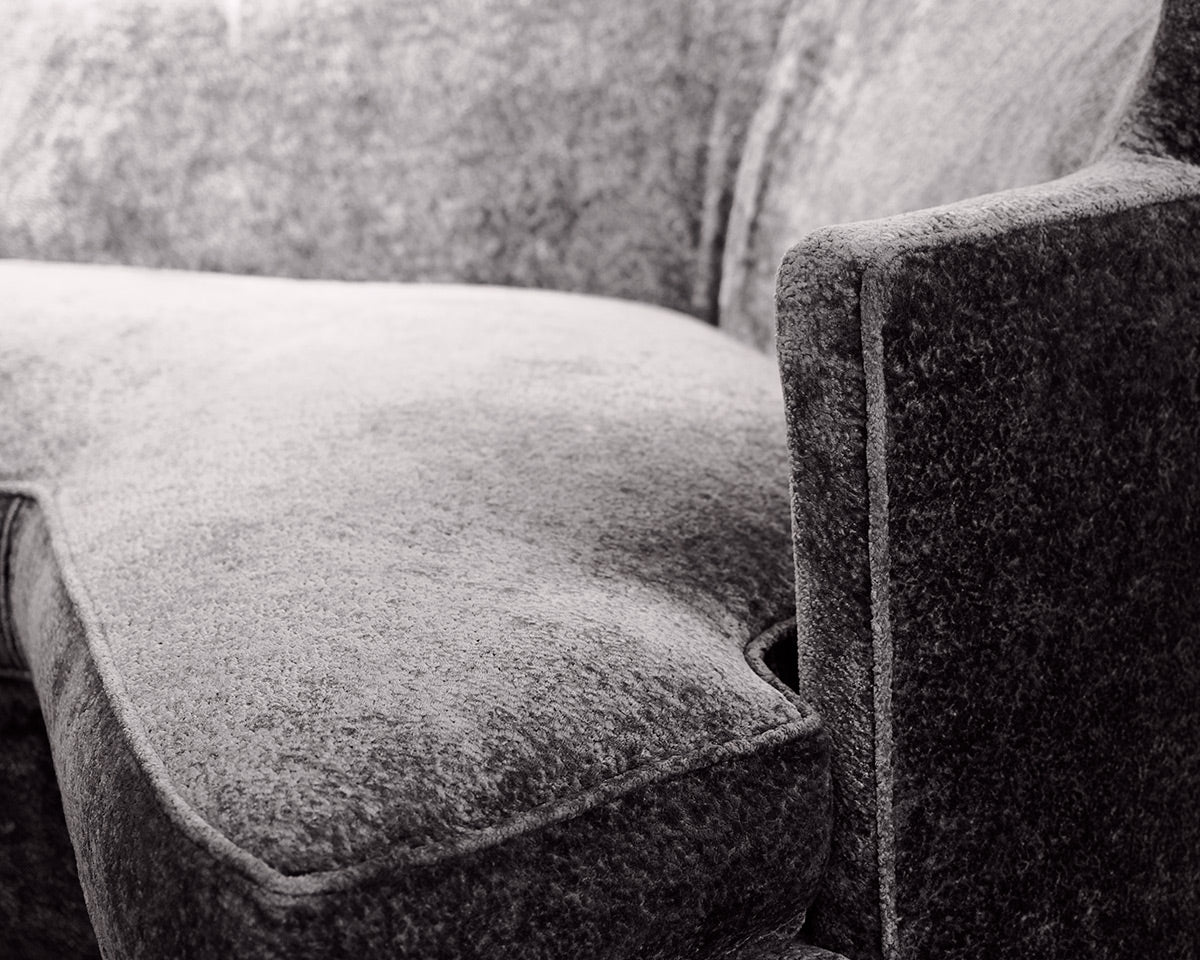 Custom Low Profile Wing Back Blue Silk Sofa